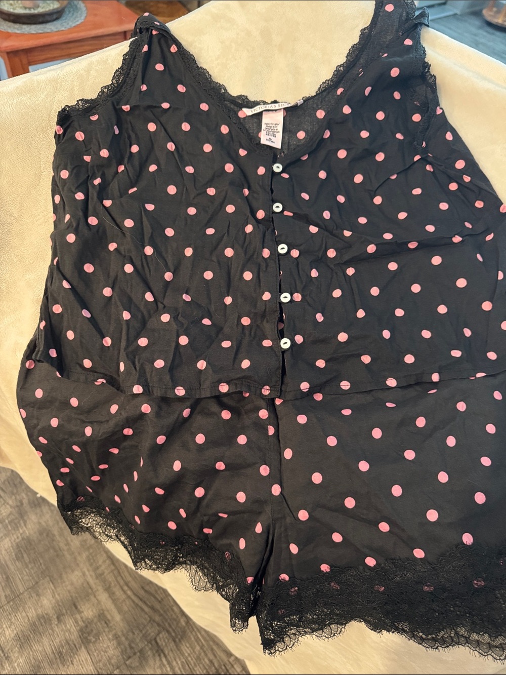 Victoria's Secret Black Polka Dot Lace Trim Pajama Set - Pink Dots